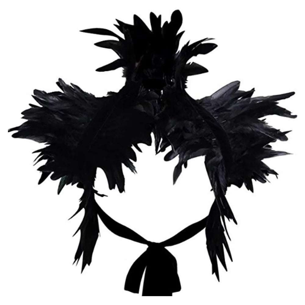 Black Rooster Feather Shrug Gothic Collar with Ribbon Ties