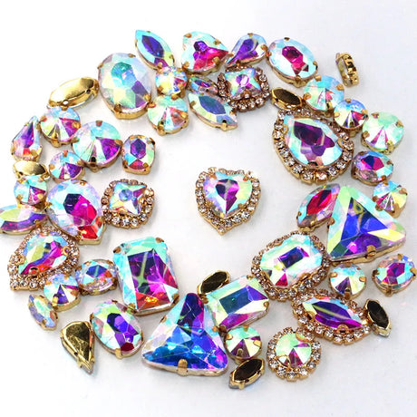 50pcs/Bag Shiny Mixed Shape Sew On Glass Rhinestone Gold Claw Crystal Buckle DIY Decoration 24 Colours
