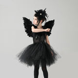 Black Swan Tulle Tutu Dress with Feather Wings and Hair Clip Halloween Costume