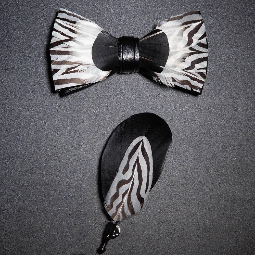 Men's Bow Tie & Pin Set Handmade Natural Feather Gift Box