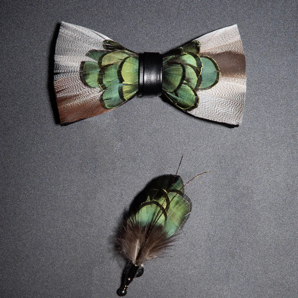 Men's Bow Tie & Pin Set Handmade Natural Feather Gift Box