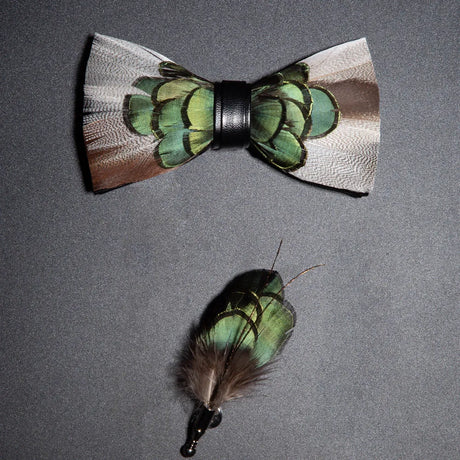 Men's Bow Tie & Pin Set Handmade Natural Feather Gift Box