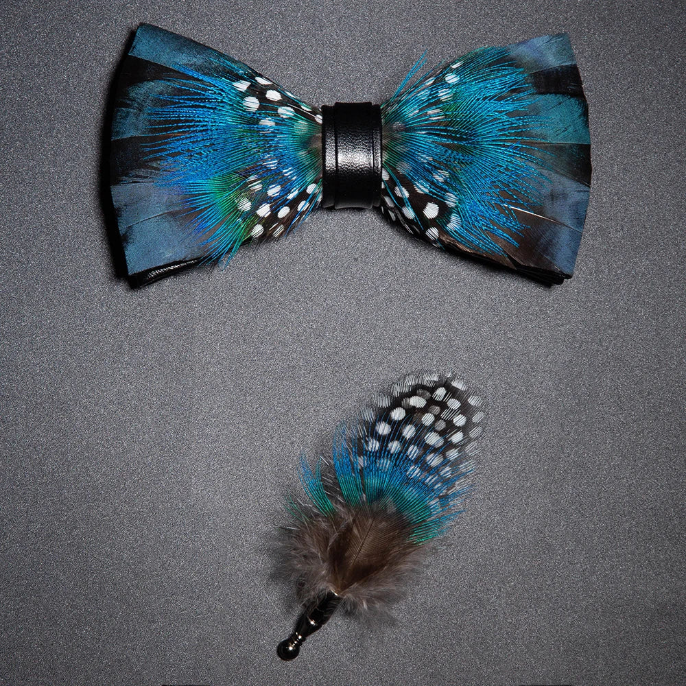 Men's Bow Tie & Pin Set Handmade Natural Feather Gift Box