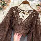 Lace Crop Top Black/White/Brown Long Lantern Sleeve