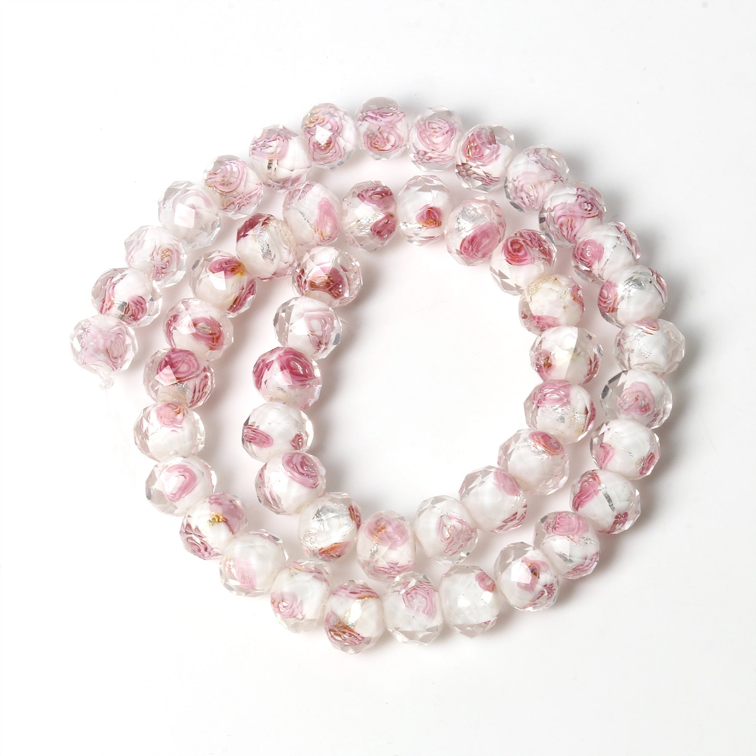 Ten Murano Lampwork Crystal Faceted Glass Beads Pink White Flower for DIY Jewellery Making