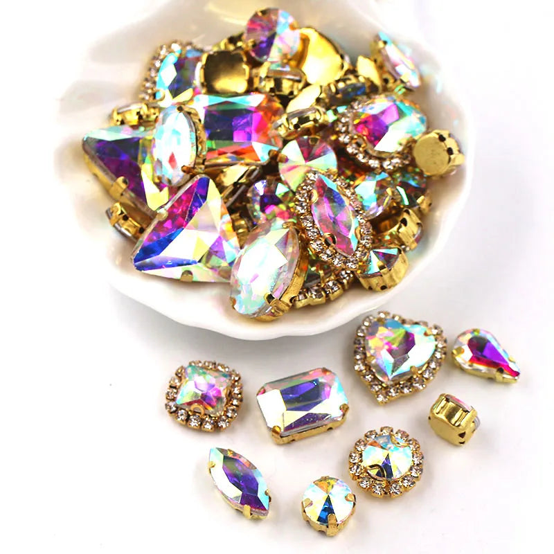 50pcs/Bag Shiny Mixed Shape Sew On Glass Rhinestone Gold Claw Crystal Buckle DIY Decoration 24 Colours