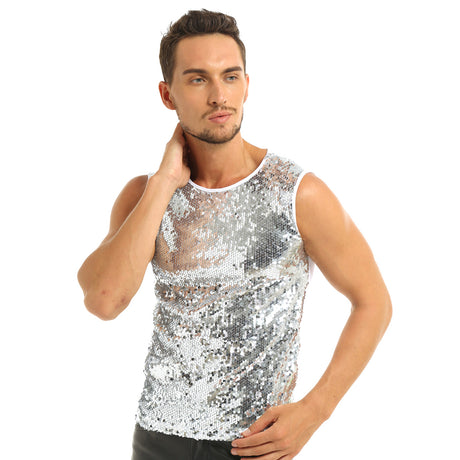 Mens Sequinned Tank Tops Festival Rave Party Clubwear