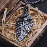 Valknut Viking Spear Stainless Steel Pendant Necklace with Wooden Box