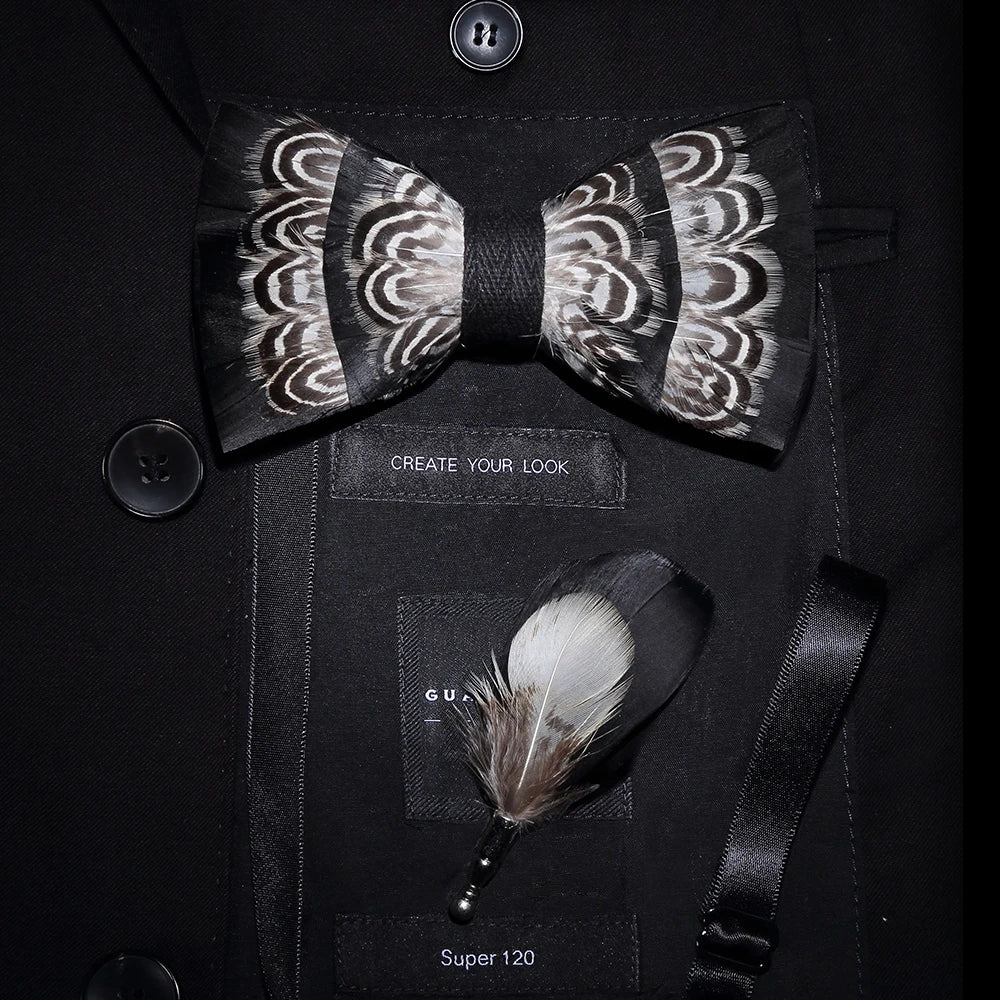 Men's Bow Tie & Pin Set Handmade Natural Feather Gift Box