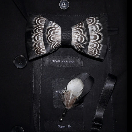Men's Bow Tie & Pin Set Handmade Natural Feather Gift Box