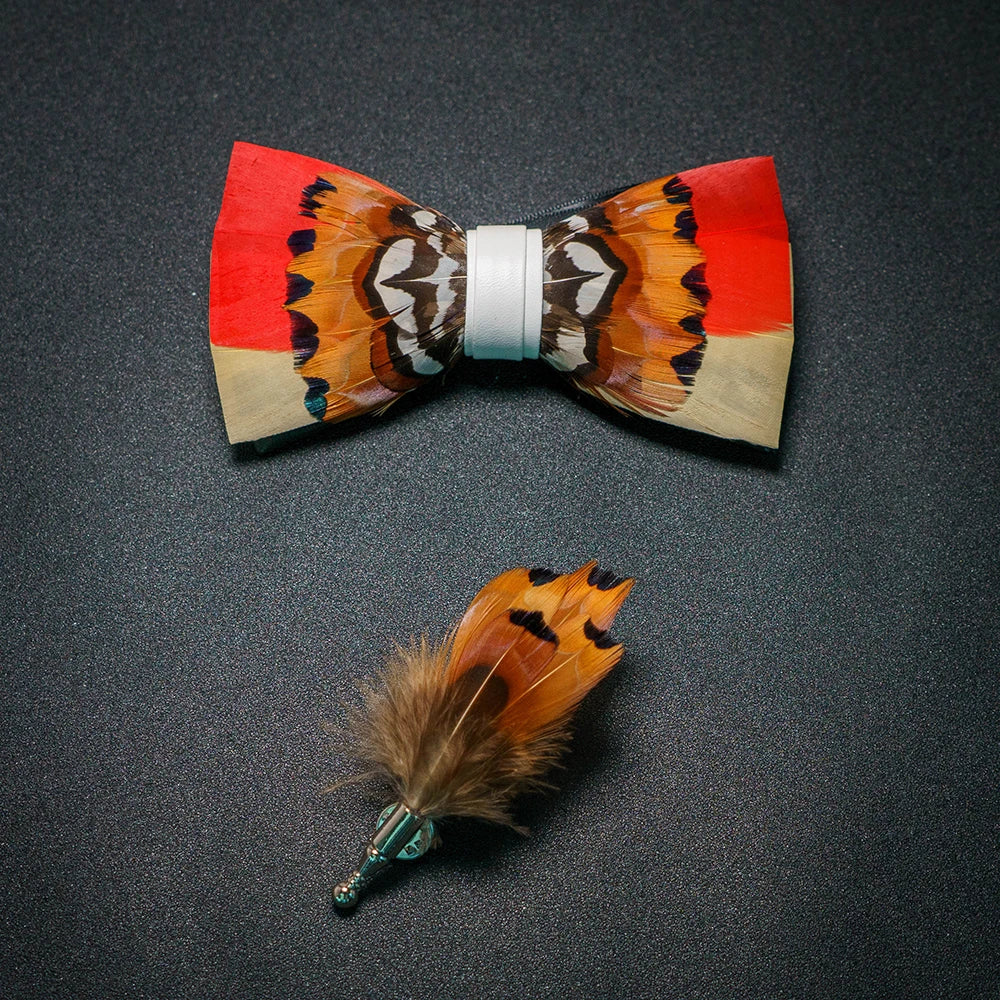 Men's Bow Tie & Pin Set Handmade Natural Feather Gift Box