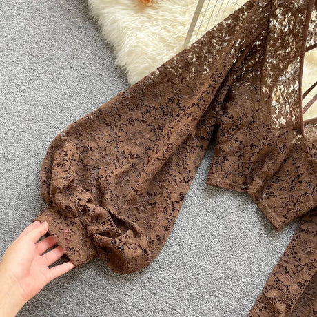 Lace Crop Top Black/White/Brown Long Lantern Sleeve