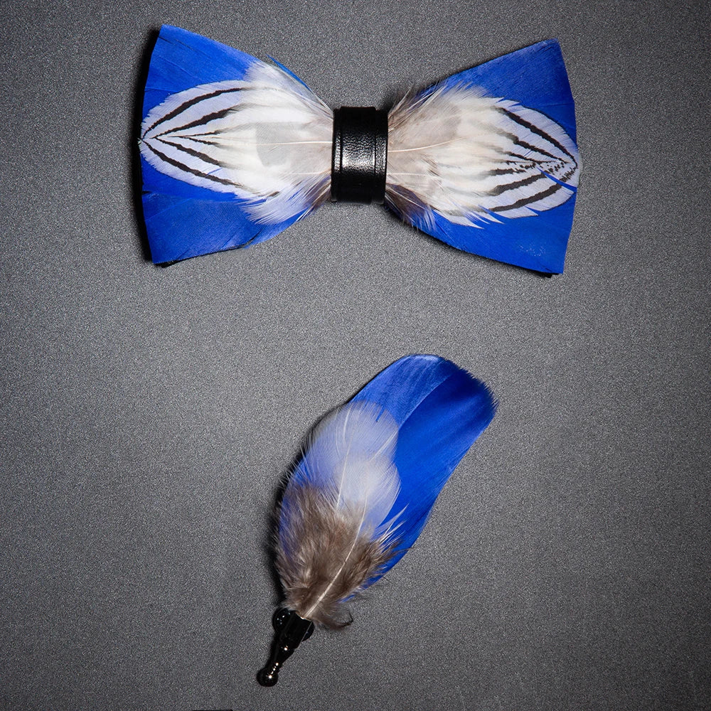 Men's Bow Tie & Pin Set Handmade Natural Feather Gift Box