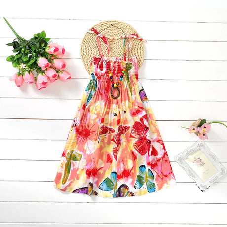 Summer Boho Girls Beach Dress 2 - 12 Years With Necklace Gift