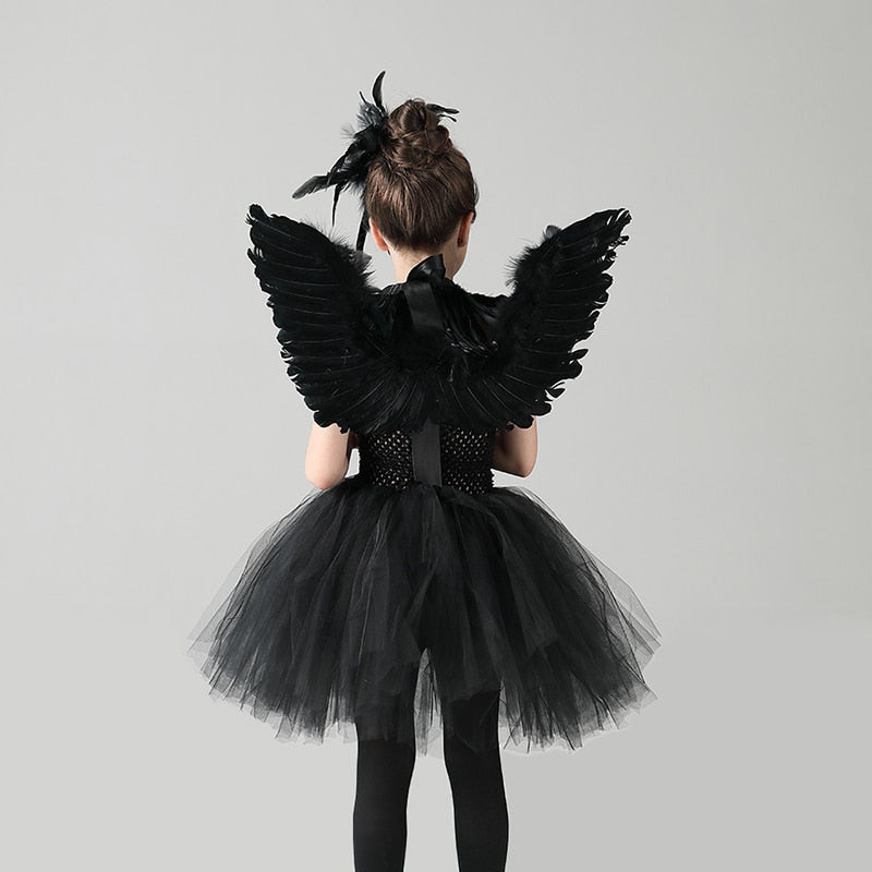 Black Swan Tulle Tutu Dress with Feather Wings and Hair Clip Halloween Costume