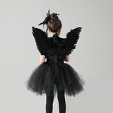 Black Swan Tulle Tutu Dress with Feather Wings and Hair Clip Halloween Costume