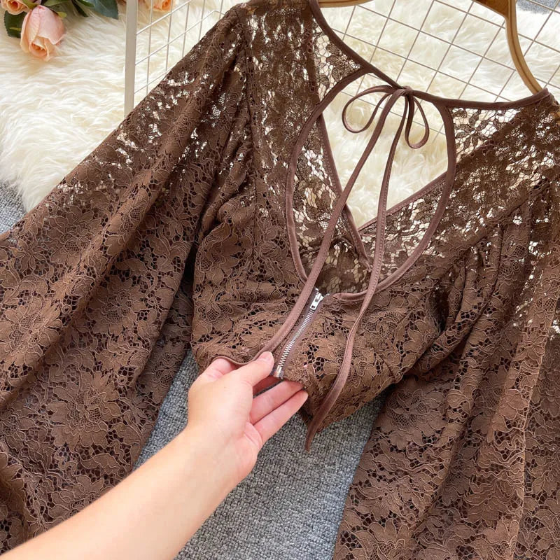 Lace Crop Top Black/White/Brown Long Lantern Sleeve