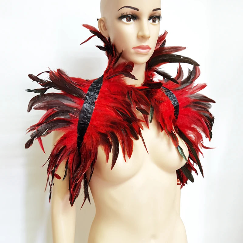 Black Rooster Feather Shrug Gothic Collar with Ribbon Ties