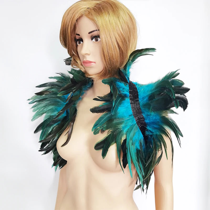 Black Rooster Feather Shrug Gothic Collar with Ribbon Ties
