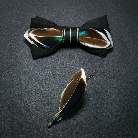 Men's Bow Tie & Pin Set Handmade Natural Feather Gift Box