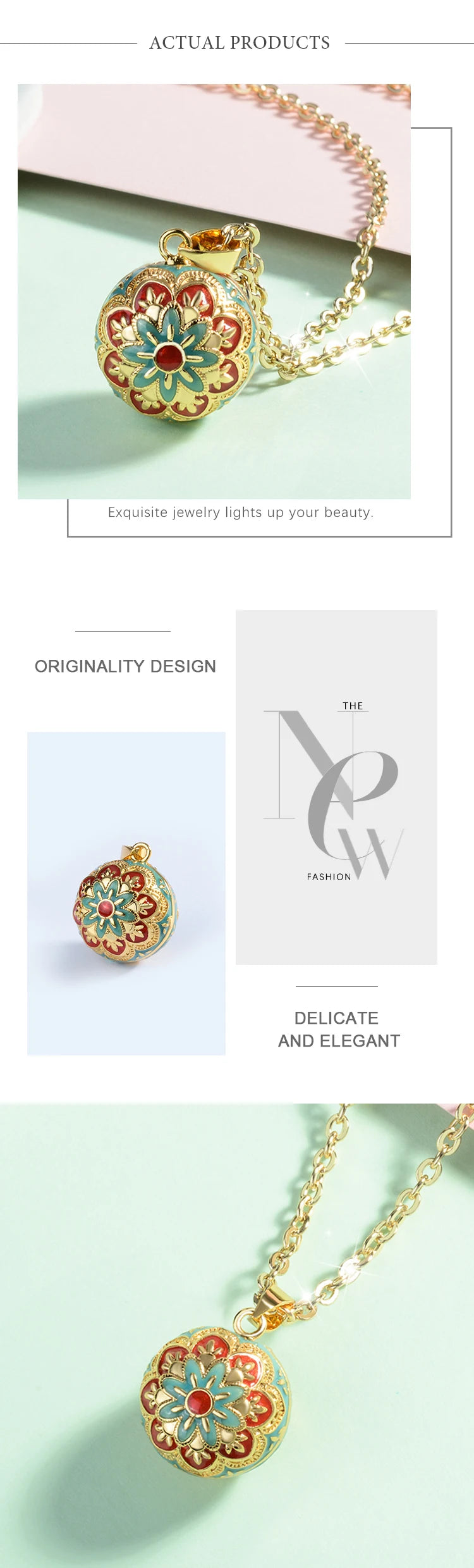 Flower Bell  Enamel Harmony Sound Ball Mexican Bola Pendant Necklace