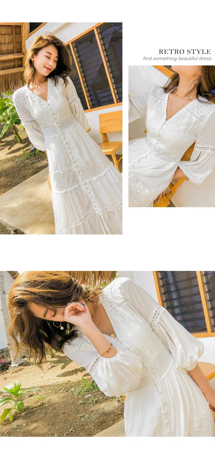 Dove's White Boho Lantern Sleeve Cotton Lace Dress