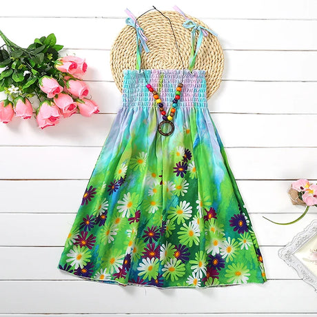 Summer Boho Girls Beach Dress 2 - 12 Years With Necklace Gift