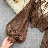 Lace Crop Top Black/White/Brown Long Lantern Sleeve