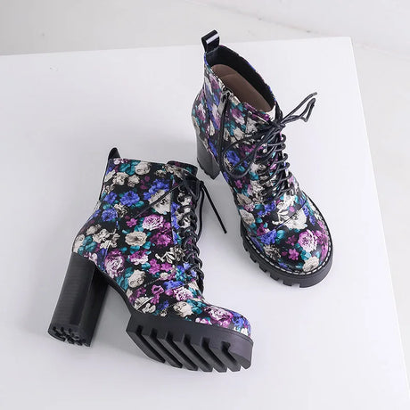 Purple Flower Print Platform Thick Heel Ankle Boots