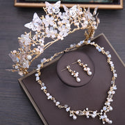 Princess Farfalla's Crystal Beads Pearl Butterfly Crown Jewellery Necklace Earrings Tiara Wedding Set