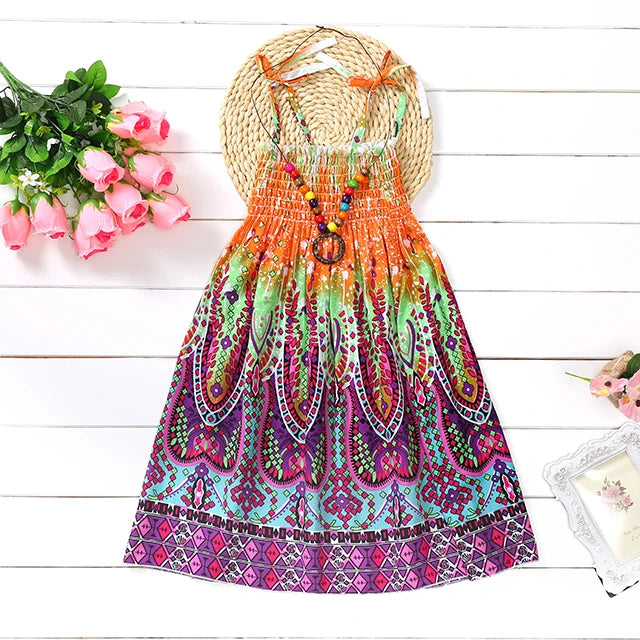Summer Boho Girls Beach Dress 2 - 12 Years With Necklace Gift