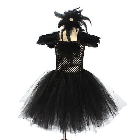 Black Swan Tulle Tutu Dress with Feather Wings and Hair Clip Halloween Costume