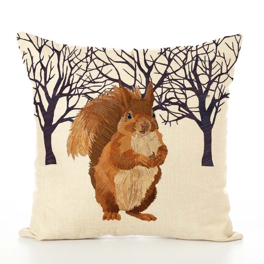 Spring Frolic Decorative Cushion Covers Squirrel Bird Bear Fox Printed Cotton Linen Pillowcase
