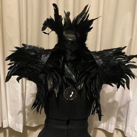 Black Rooster Feather Shrug Gothic Collar with Ribbon Ties