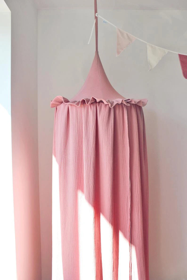 Muslin Cotton Hanging Canopy with Frills Bed Baldachin for Kids Room