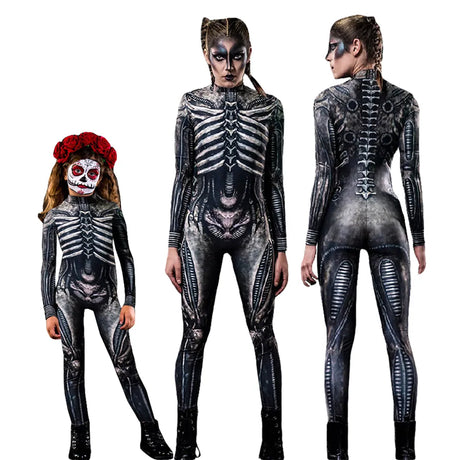 Day of the Dead Skeleton Bodycon Halloween Costume Adult Kids One Piece Rose Bodysuit