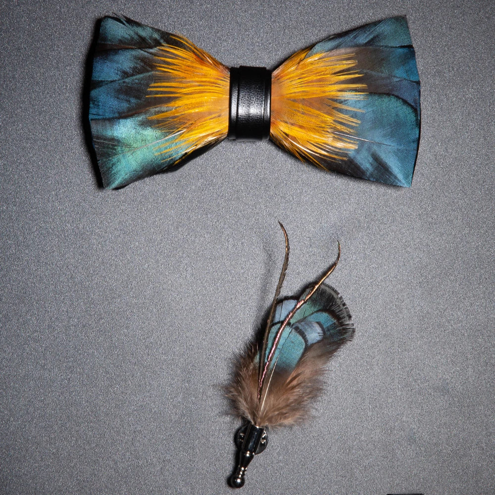 Men's Bow Tie & Pin Set Handmade Natural Feather Gift Box