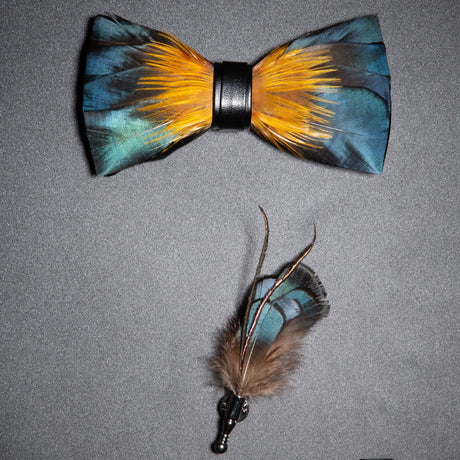 Men's Bow Tie & Pin Set Handmade Natural Feather Gift Box