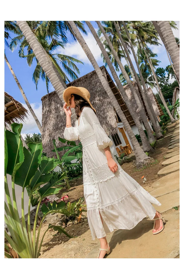 Dove's White Boho Lantern Sleeve Cotton Lace Dress