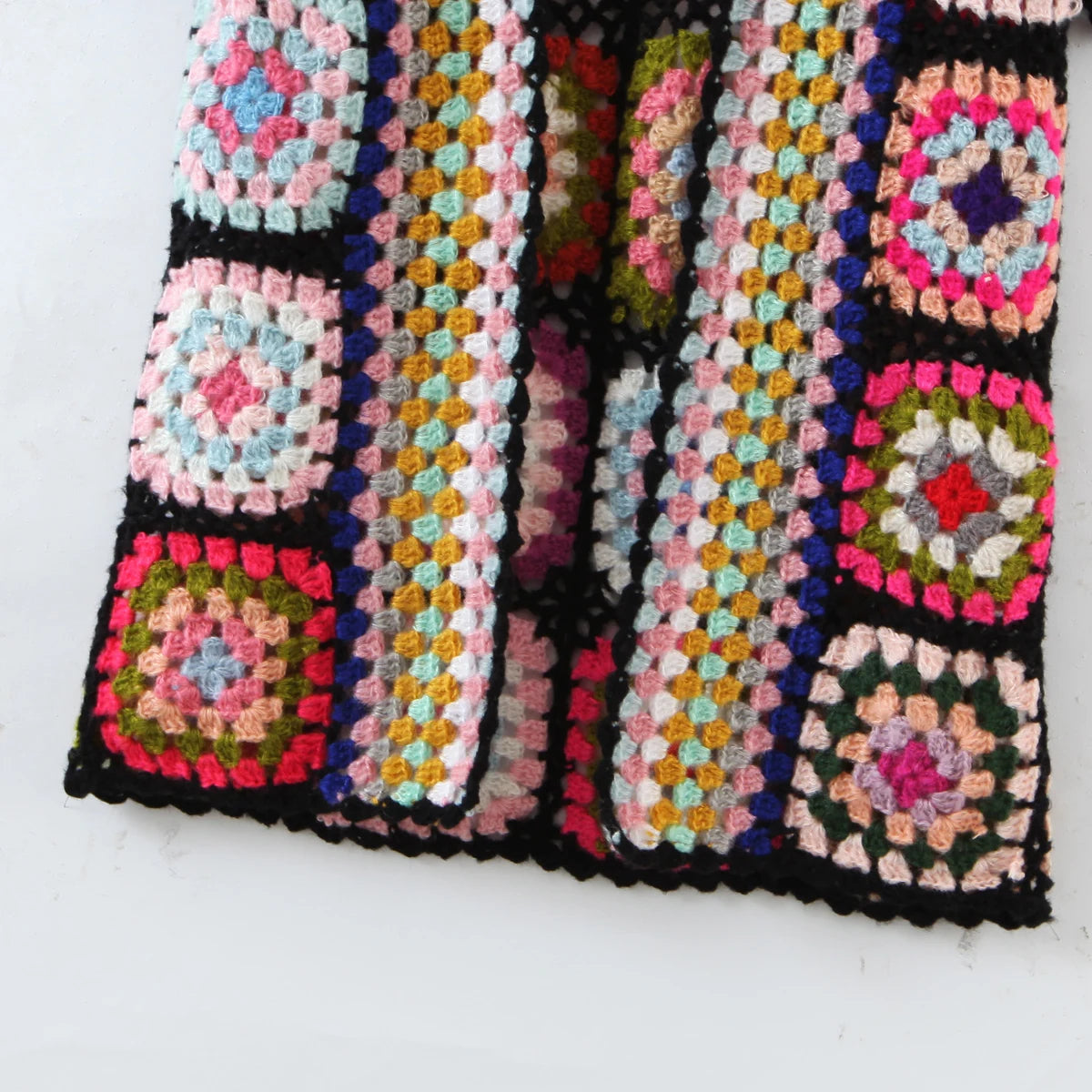 Granny Square Hand Crochet Mohair Hooded Long Cardigan