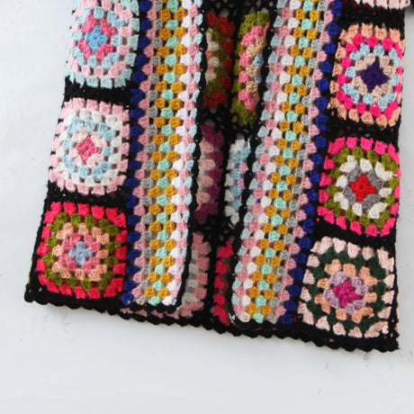 Granny Square Hand Crochet Mohair Hooded Long Cardigan