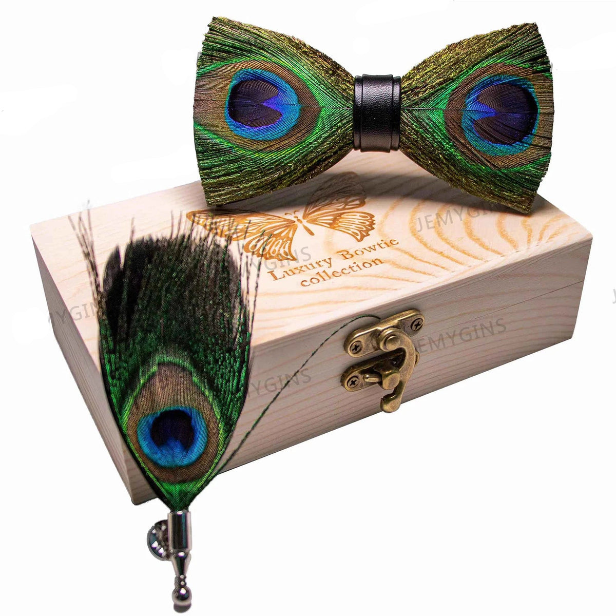 Handmade Woodland Feather Bow Ties & Lapel Pin Gift Box Set