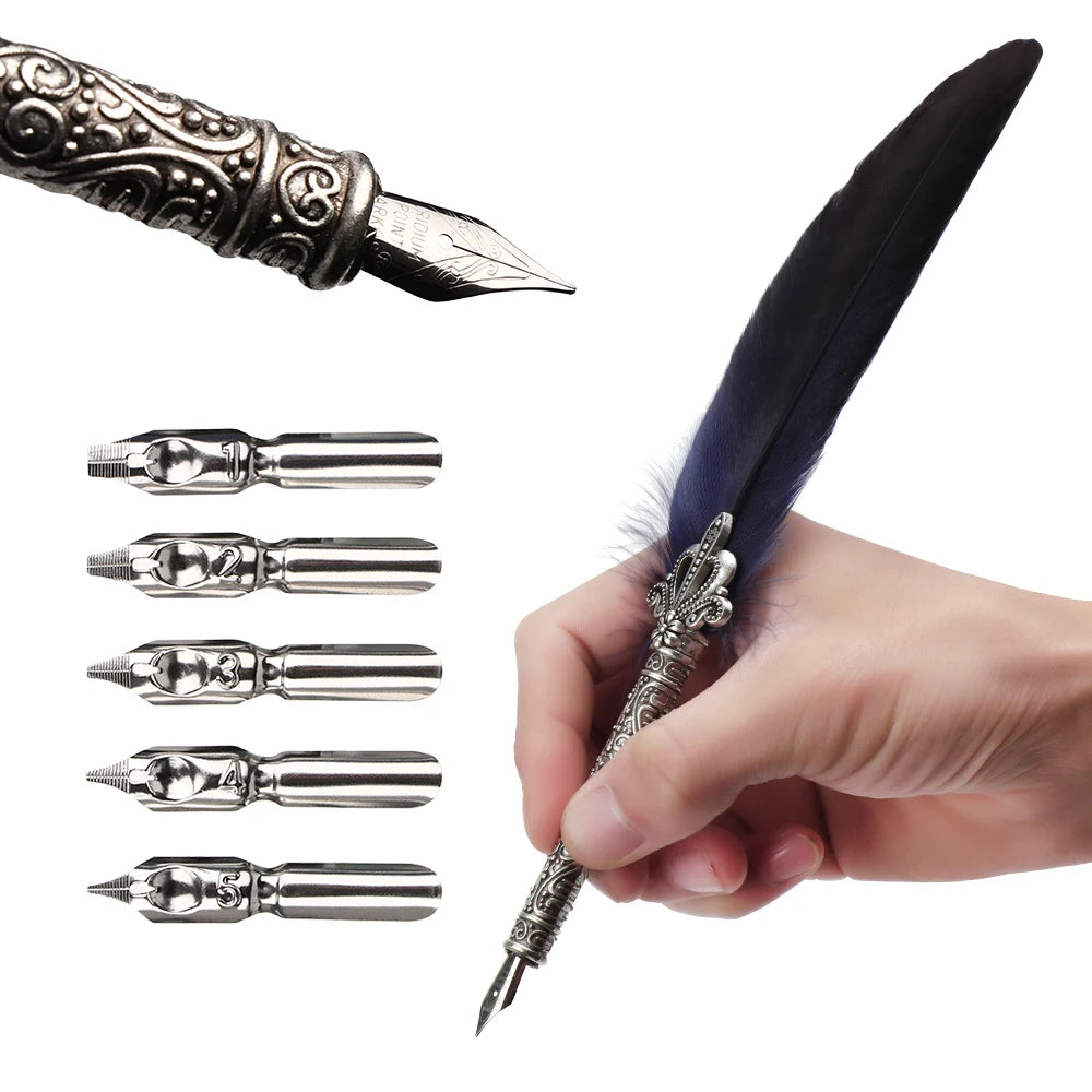 Feather Calligraphy Dip Pen Writing Set with 5 Nibs