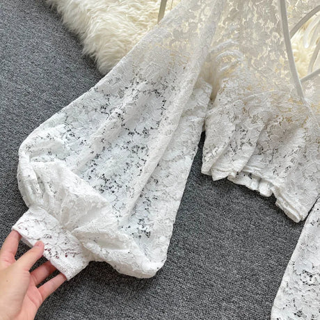 Lace Crop Top Black/White/Brown Long Lantern Sleeve