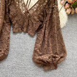 Lace Crop Top Black/White/Brown Long Lantern Sleeve