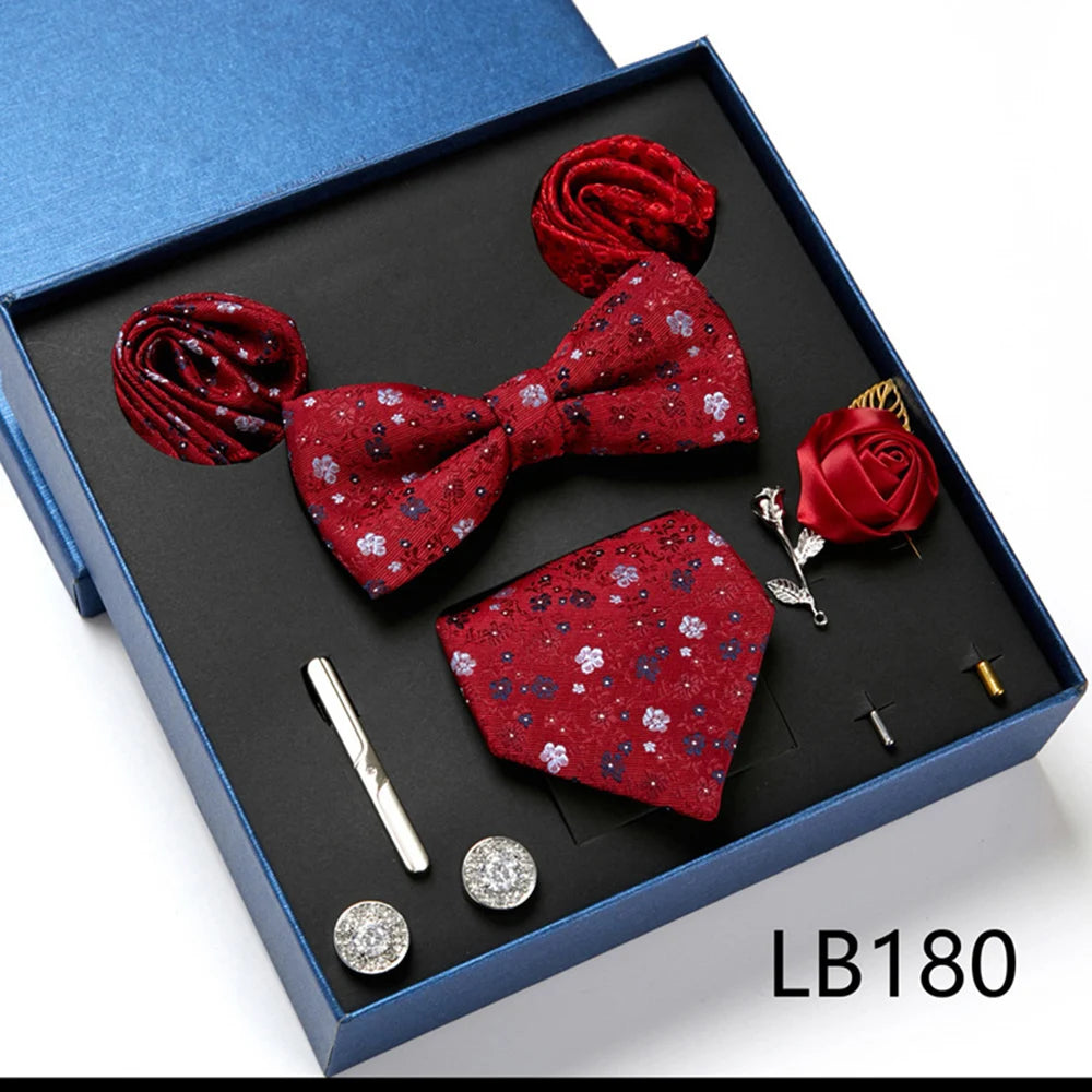 Men's 8pcs Tie Set Wedding Cravat Silk Bowtie Pocket Square Cufflinks Brooch Box Set Gifts For Men