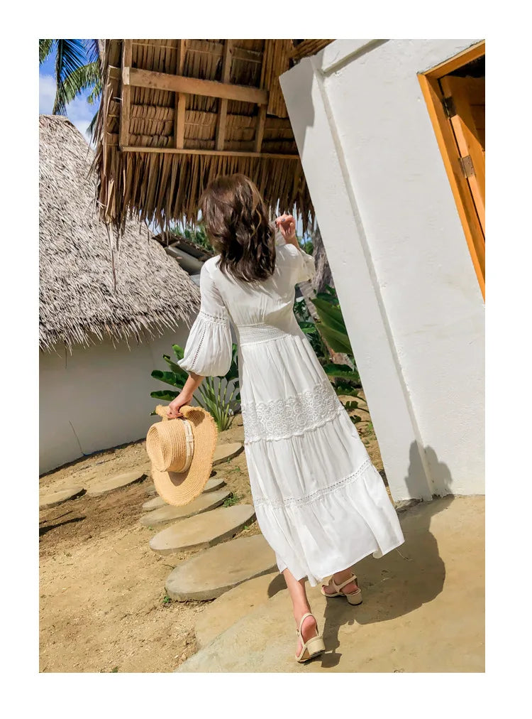 Dove's White Boho Lantern Sleeve Cotton Lace Dress