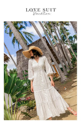 Dove's White Boho Lantern Sleeve Cotton Lace Dress