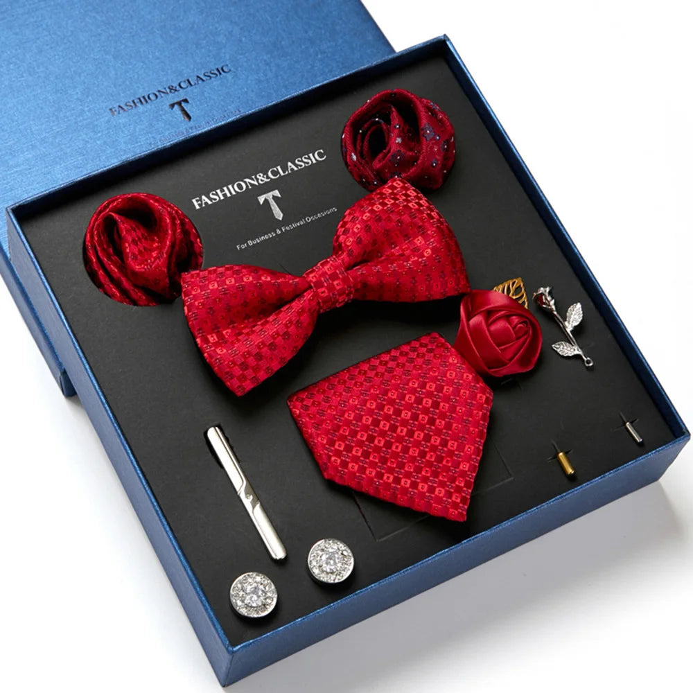 Men's 8pcs Tie Set Wedding Cravat Silk Bowtie Pocket Square Cufflinks Brooch Box Set Gifts For Men