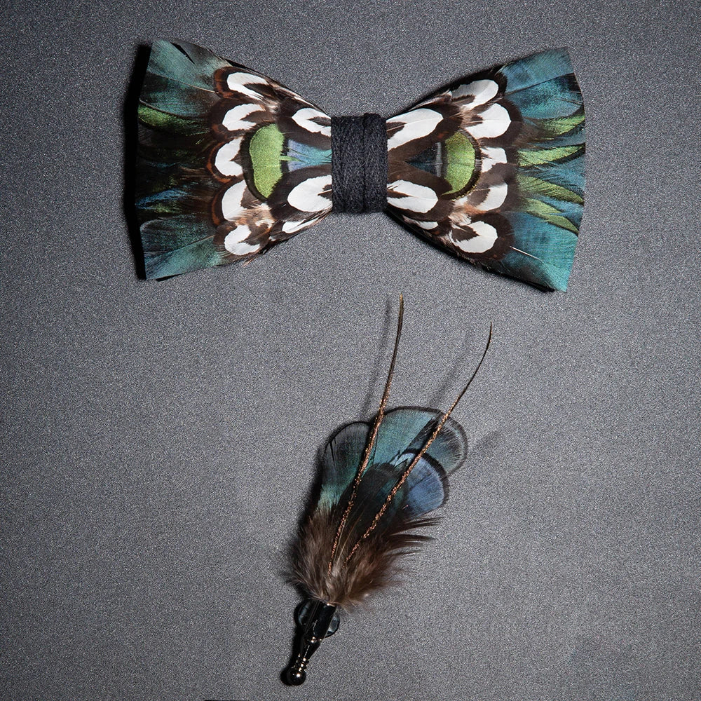 Men's Bow Tie & Pin Set Handmade Natural Feather Gift Box